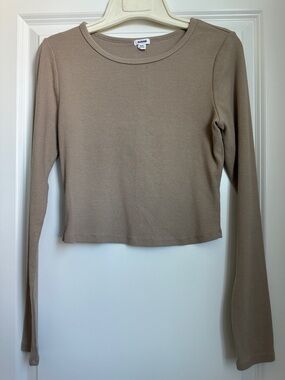 Garage Long Sleeve Cropped Rib Crew Top - Taupe
